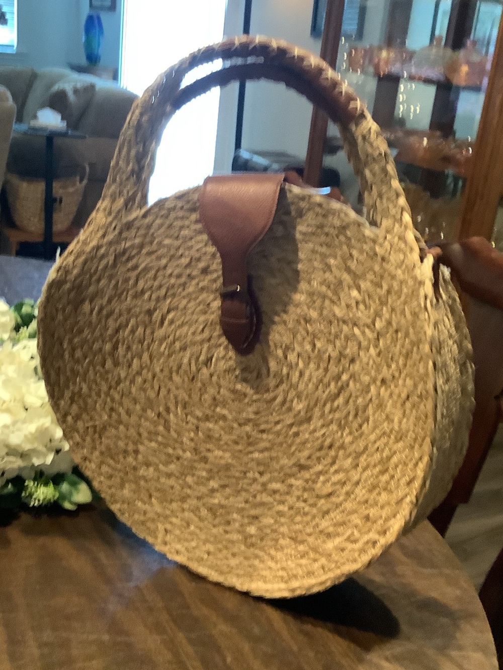 Woven Round Straw Tote Bag with Brown Leather Trim crossbody strap - Picture 1 of 4